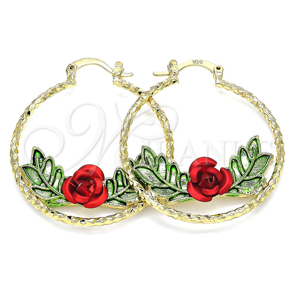 Gold Filled Hoop Earrings — Medium Hoop Flower and Leaf Design Polished Tricolor — main product view — SKU 135809 | Oro Laminado aretes de aro — Medium Hoop flor and Leaf diseño pulido Tricolor — SKU 135809