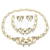 Oro Laminado Necklace, Bracelet and Earring, Gold Filled Style Hugs and Kisses and Dolphin Design, with White Crystal, Polished, Golden Finish, 06.372.0024