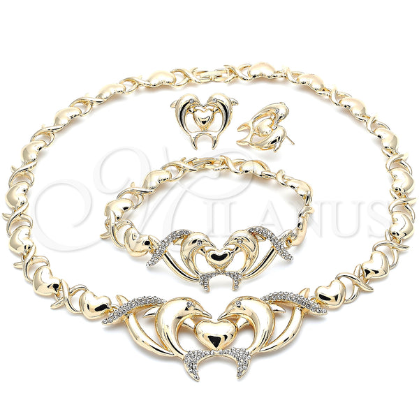 Oro Laminado Necklace, Bracelet and Earring, Gold Filled Style Hugs and Kisses and Dolphin Design, with White Crystal, Polished, Golden Finish, 06.372.0024