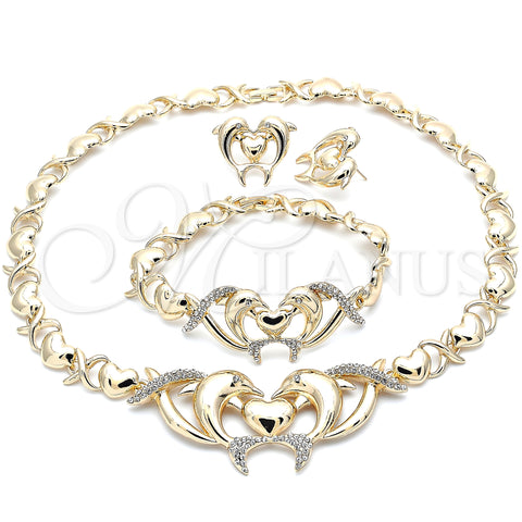 Oro Laminado Necklace, Bracelet and Earring, Gold Filled Style Hugs and Kisses and Dolphin Design, with White Crystal, Polished, Golden Finish, 06.372.0024