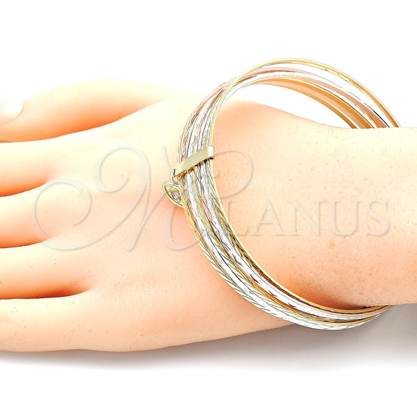 Oro Laminado Semanario Bangle, Gold Filled Style with White Cubic Zirconia, Diamond Cutting Finish, Tricolor, 07.253.0012.06 (02 MM Thickness, Size 6 (2.75 Diameter))