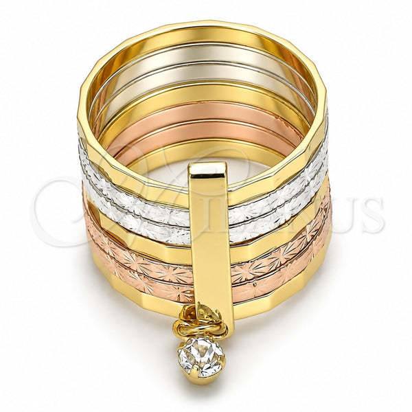 Oro Laminado Multi Stone Ring, Gold Filled Style Semanario Design, with White Crystal, Diamond Cutting Finish, Tricolor, 01.253.0040.08 (Size 8)