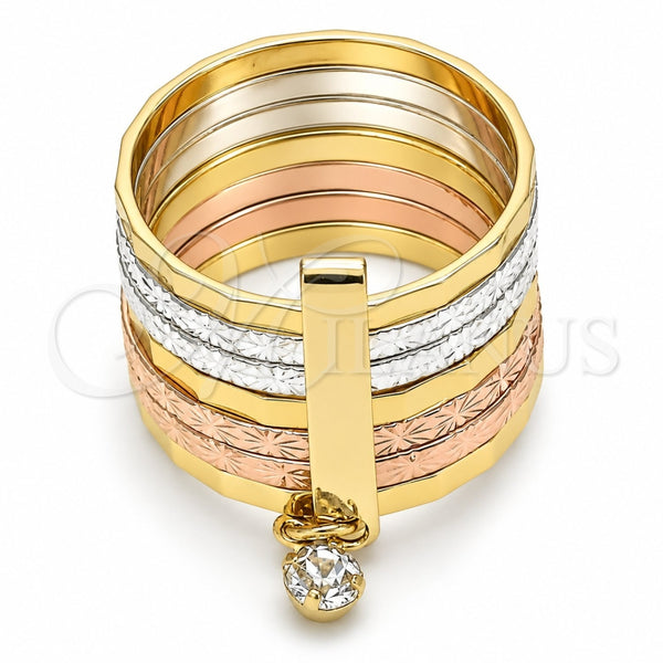 Oro Laminado Multi Stone Ring, Gold Filled Style Semanario Design, with White Crystal, Diamond Cutting Finish, Tricolor, 01.253.0040.09 (Size 9)