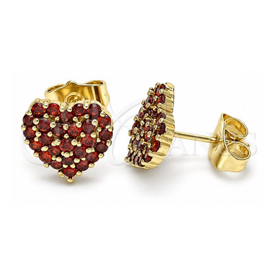 Oro Laminado Stud Earring, Gold Filled Style Heart Design, with Garnet Cubic Zirconia, Polished, Golden Finish, 02.283.0032.1