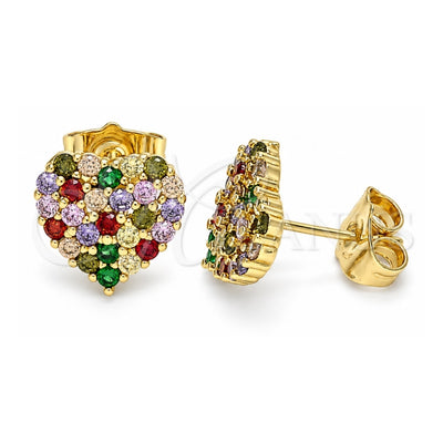 Oro Laminado Stud Earring, Gold Filled Style Heart Design, with Multicolor Cubic Zirconia, Polished, Golden Finish, 02.283.0032.2