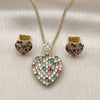 Oro Laminado Earring and Pendant Adult Set, Gold Filled Style Heart Design, with Multicolor Cubic Zirconia, Polished, Golden Finish, 10.283.0018.2