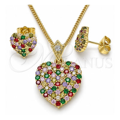 Oro Laminado Earring and Pendant Adult Set, Gold Filled Style Heart Design, with Multicolor Cubic Zirconia, Polished, Golden Finish, 10.283.0018.2