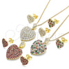 Oro Laminado Earring and Pendant Adult Set, Gold Filled Style Heart Design, with Multicolor Cubic Zirconia, Polished, Golden Finish, 10.283.0018.2