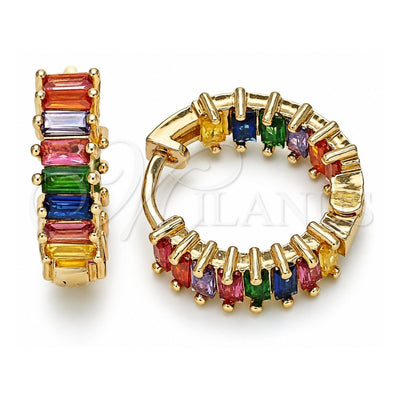 Oro Laminado Huggie Hoop, Gold Filled Style Baguette Design, with Multicolor Cubic Zirconia, Polished, Golden Finish, 02.210.0437.1.20