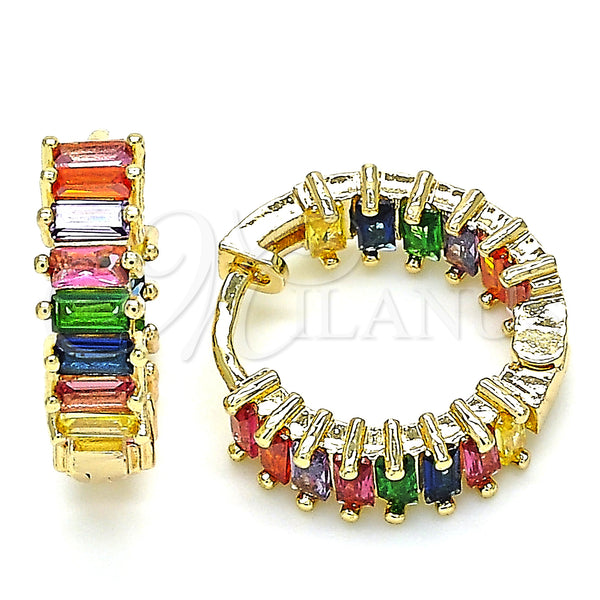 Gold Filled Hoop Earrings — Huggie Hoop Baguette Design with Multicolor Cubic Zirconia — main product view — SKU 135839 | Oro Laminado aretes de aro — Huggie Hoop Baguette diseño with Multicolor Cubic Zirconia — SKU 135839