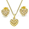 Oro Laminado Earring and Pendant Adult Set, Gold Filled Style Heart Design, with White Crystal and Ivory Pearl, Polished, Golden Finish, 10.379.0019
