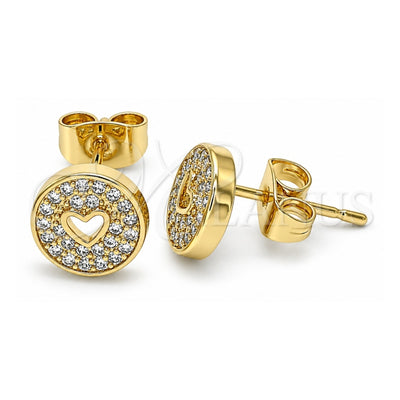 Oro Laminado Stud Earring, Gold Filled Style Heart Design, with White Micro Pave, Polished, Golden Finish, 02.344.0070