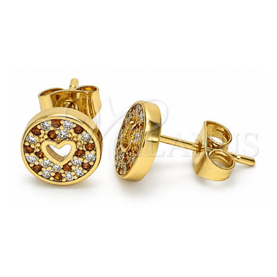 Oro Laminado Stud Earring, Gold Filled Style Heart Design, with Garnet and White Micro Pave, Polished, Golden Finish, 02.344.0070.1