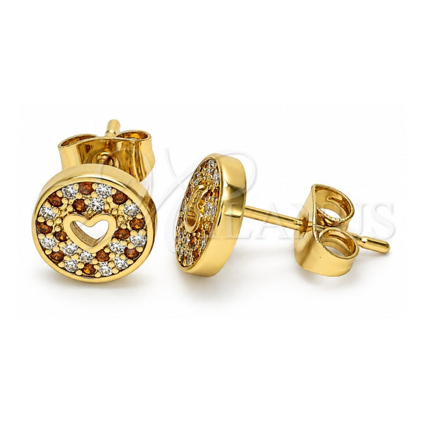 Oro Laminado Stud Earring, Gold Filled Style Heart Design, with Garnet and White Micro Pave, Polished, Golden Finish, 02.344.0070.1
