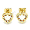 Oro Laminado Stud Earring, Gold Filled Style Heart Design, with Garnet and White Micro Pave, Polished, Golden Finish, 02.344.0013.2