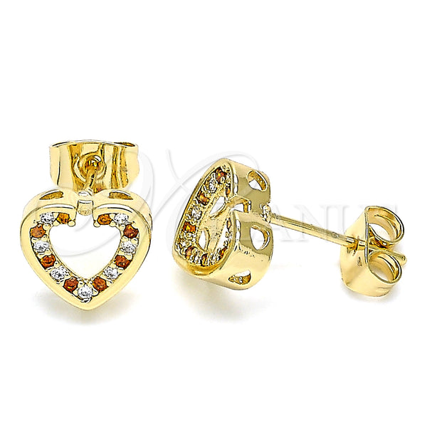 Oro Laminado Stud Earring, Gold Filled Style Heart Design, with Garnet and White Micro Pave, Polished, Golden Finish, 02.344.0013.2