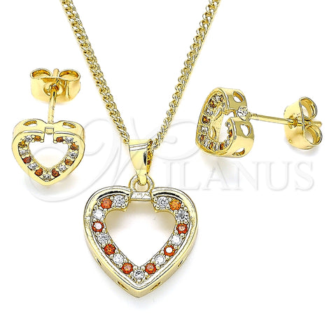 Oro Laminado Earring and Pendant Adult Set, Gold Filled Style Heart Design, with Garnet and White Micro Pave, Polished, Golden Finish, 10.344.0001.1