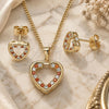 Oro Laminado Earring and Pendant Adult Set, Gold Filled Style Heart Design, with Garnet and White Micro Pave, Polished, Golden Finish, 10.344.0001.1