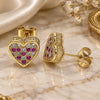 Oro Laminado Stud Earring, Gold Filled Style Heart Design, with Ruby and White Micro Pave, Polished, Golden Finish, 02.344.0016.2
