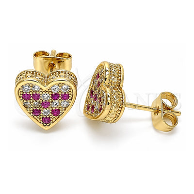 Oro Laminado Stud Earring, Gold Filled Style Heart Design, with Ruby and White Micro Pave, Polished, Golden Finish, 02.344.0016.2