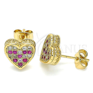 Oro Laminado Stud Earring, Gold Filled Style Heart Design, with Ruby and White Micro Pave, Polished, Golden Finish, 02.344.0016.2
