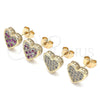 Oro Laminado Stud Earring, Gold Filled Style Heart Design, with Ruby and White Micro Pave, Polished, Golden Finish, 02.344.0016.2