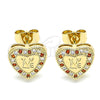 Oro Laminado Stud Earring, Gold Filled Style Heart and Love Design, with Garnet and White Micro Pave, Polished, Golden Finish, 02.344.0024.1