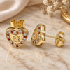 Oro Laminado Stud Earring, Gold Filled Style Heart and Love Design, with Garnet and White Micro Pave, Polished, Golden Finish, 02.344.0024.1