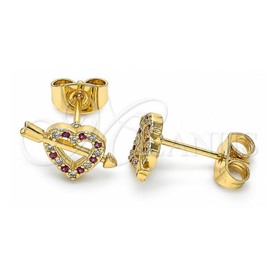 Oro Laminado Stud Earring, Gold Filled Style Heart Design, with Ruby and White Micro Pave, Polished, Golden Finish, 02.344.0032.1