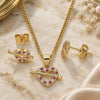 Oro Laminado Earring and Pendant Adult Set, Gold Filled Style Heart Design, with Ruby and White Micro Pave, Polished, Golden Finish, 10.344.0006.1