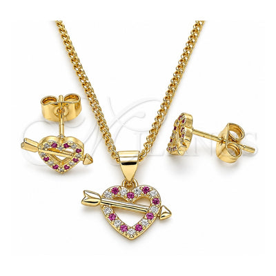 Oro Laminado Earring and Pendant Adult Set, Gold Filled Style Heart Design, with Ruby and White Micro Pave, Polished, Golden Finish, 10.344.0006.1