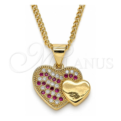 Oro Laminado Pendant Necklace, Gold Filled Style Heart Design, with Ruby and White Micro Pave, Polished, Golden Finish, 04.344.0038.1.20 (02 MM Thickness, 20 Inches Length)