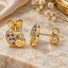 Oro Laminado Stud Earring, Gold Filled Style Heart Design, with Garnet and White Micro Pave, Polished, Golden Finish, 02.344.0041.1