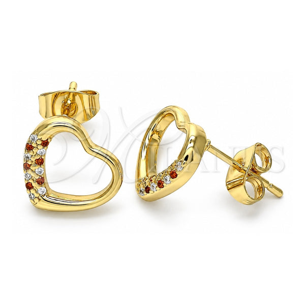 Oro Laminado Stud Earring, Gold Filled Style Heart Design, with Garnet and White Micro Pave, Polished, Golden Finish, 02.344.0052.1