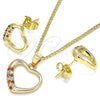 Oro Laminado Earring and Pendant Adult Set, Gold Filled Style Heart Design, with Garnet and White Micro Pave, Polished, Golden Finish, 10.344.0008.1