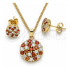 Oro Laminado Earring and Pendant Adult Set, Gold Filled Style with Garnet and White Micro Pave, Polished, Golden Finish, 10.344.0009.1
