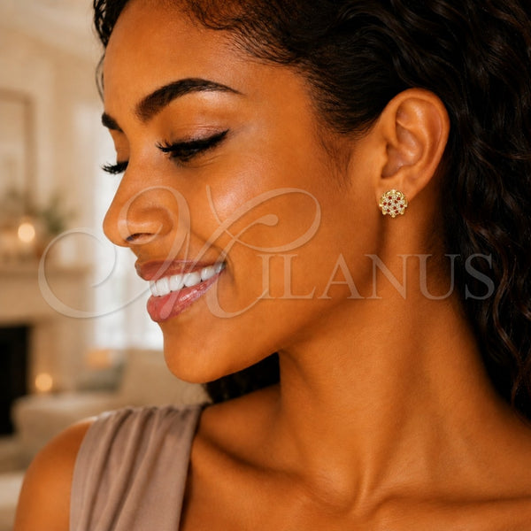 Oro Laminado Stud Earring, Gold Filled Style with Garnet and White Micro Pave, Polished, Golden Finish, 02.344.0079.1
