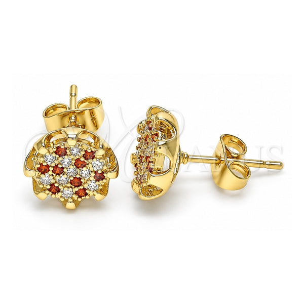 Oro Laminado Stud Earring, Gold Filled Style with Garnet and White Micro Pave, Polished, Golden Finish, 02.344.0079.1
