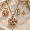 Oro Laminado Earring and Pendant Adult Set, Gold Filled Style with Garnet and White Micro Pave, Polished, Golden Finish, 10.344.0012.1