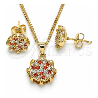 Oro Laminado Earring and Pendant Adult Set, Gold Filled Style with Garnet and White Micro Pave, Polished, Golden Finish, 10.344.0012.1