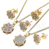 Oro Laminado Earring and Pendant Adult Set, Gold Filled Style with Garnet and White Micro Pave, Polished, Golden Finish, 10.344.0012.1