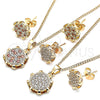 Oro Laminado Earring and Pendant Adult Set, Gold Filled Style with Garnet and White Micro Pave, Polished, Golden Finish, 10.344.0012.1