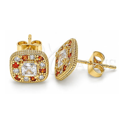 Oro Laminado Stud Earring, Gold Filled Style with Garnet and White Micro Pave, Polished, Golden Finish, 02.344.0082.1