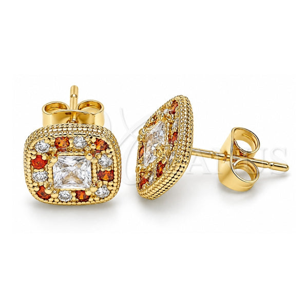 Oro Laminado Stud Earring, Gold Filled Style with Garnet and White Micro Pave, Polished, Golden Finish, 02.344.0082.1