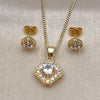 Oro Laminado Earring and Pendant Adult Set, Gold Filled Style Cluster Design, with White Micro Pave and White Cubic Zirconia, Polished, Golden Finish, 10.344.0016