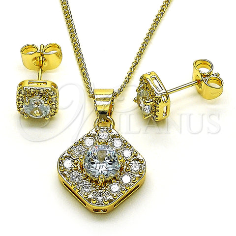 Oro Laminado Earring and Pendant Adult Set, Gold Filled Style Cluster Design, with White Micro Pave and White Cubic Zirconia, Polished, Golden Finish, 10.344.0016