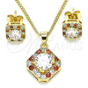 Oro Laminado Earring and Pendant Adult Set, Gold Filled Style Cluster Design, with Garnet and White Micro Pave, Polished, Golden Finish, 10.344.0016.1