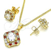 Oro Laminado Earring and Pendant Adult Set, Gold Filled Style Cluster Design, with Garnet and White Micro Pave, Polished, Golden Finish, 10.344.0016.1
