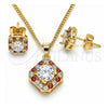 Oro Laminado Earring and Pendant Adult Set, Gold Filled Style Cluster Design, with Garnet and White Micro Pave, Polished, Golden Finish, 10.344.0016.1