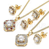 Oro Laminado Earring and Pendant Adult Set, Gold Filled Style Cluster Design, with Garnet and White Micro Pave, Polished, Golden Finish, 10.344.0016.1
